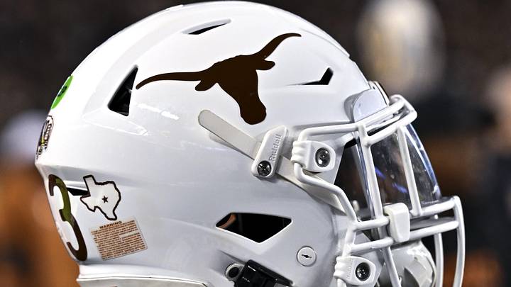 Texas Longhorns helmet on the sideline during the first quarter against the Texas A&M Aggies. 