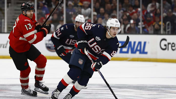 United States forward Jack Hughes (86) during the 4 Nations Face-Off: Winslow Townson-Imagn Images