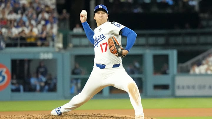 Oct 28, 2025; Los Angeles, California, USA; Los Angeles Dodgers starting pitcher Shohei Ohtani (17) throws against the Toronto Blue Jays Oct 28, 2025; Los Angeles, California, USA; Los Angeles Dodgers starting pitcher Shohei Ohtani (17) throws against the Toronto Blue Jays