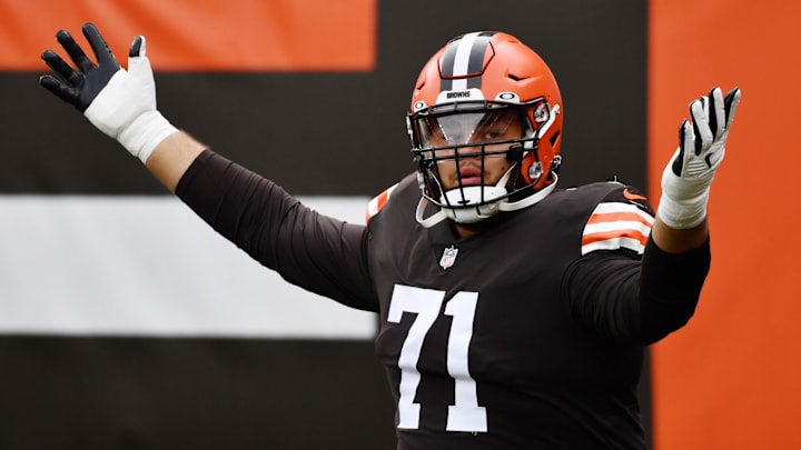 Cleveland Browns offensive tackle Jedrick Wills (71) is introduced before the game 