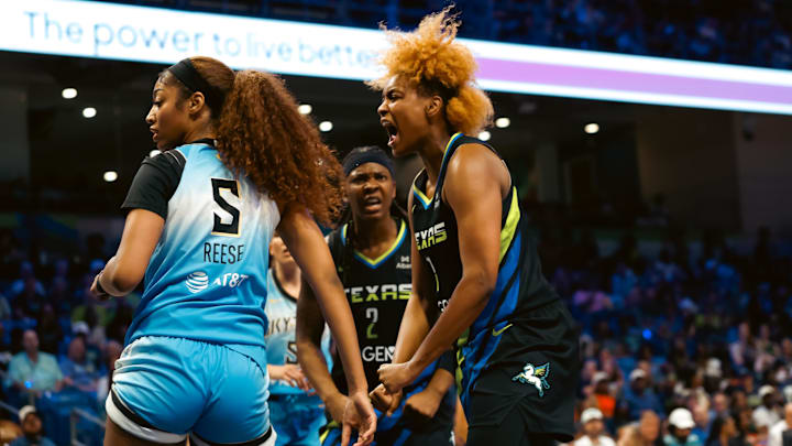May 31, 2025; Arlington, Texas, USA;  Dallas Wings forward NaLyssa Smith (1) reacts after a play against the Chicago Sky during the first half at College Park Center. Mandatory Credit: Chris Jones-Imagn Images