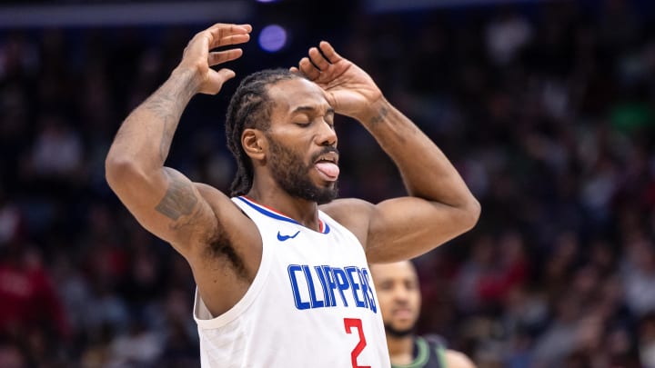 Jan 5, 2024; New Orleans, Louisiana, USA;  LA Clippers forward Kawhi Leonard (2) reacts to missing a free throw against the New Orleans Pelicans during the second half at Smoothie King Center. Mandatory Credit: Stephen Lew-USA TODAY Sports