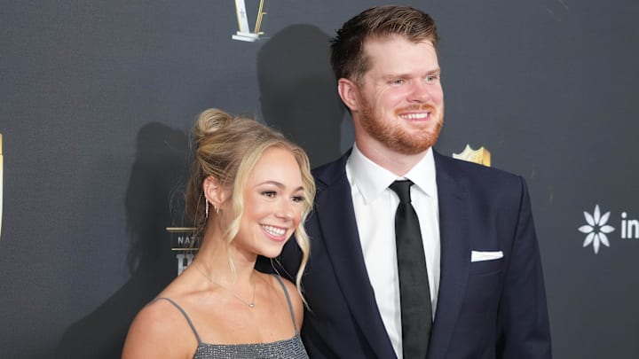Feb 6, 2025; New Orleans, LA, USA; Sam Darnold and Katie Hoofnagle on the red carpet before Super Bowl LIX NFL Honors at Saenger Theatre.