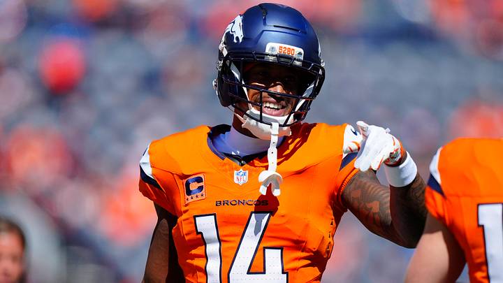 Sep 20, 2026; Denver, Colorado, USA; Denver Broncos wide receiver Courtland Sutton (14) warms up prior to a game against the Jacksonville Jaguars at Empower Field at Mile High. Sep 20, 2026; Denver, Colorado, USA; Denver Broncos wide receiver Courtland Sutton (14) warms up prior to a game against the Jacksonville Jaguars at Empower Field at Mile High.