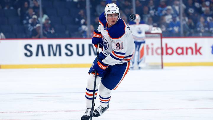Sep 22, 2026; Winnipeg, Manitoba, CAN; Edmonton Oilers forward Josh Samanski (81) skates into the Winnipeg Jets zone during the first period at Canada Life Centre. Mandatory Credit: Terrence Lee-Imagn Images Sep 22, 2026; Winnipeg, Manitoba, CAN; Edmonton Oilers forward Josh Samanski (81) skates into the Winnipeg Jets zone during the first period at Canada Life Centre. Mandatory Credit: Terrence Lee-Imagn Images