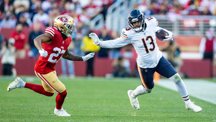 Dec 8, 2024; Santa Clara, California, USA; Chicago Bears wide receiver Keenan Allen (13) runs after catching a pass during the fourth quarter against the San Francisco 49ers at Levi's Stadium. Mandatory Credit: Bob Kupbens-Imagn Images