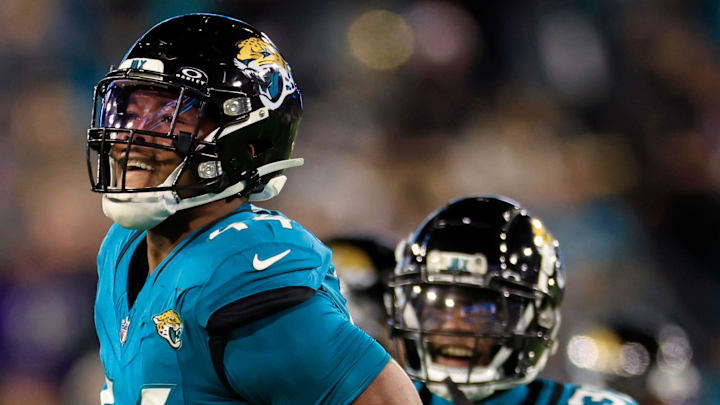 Jacksonville Jaguars linebacker Travon Walker (44) reacts to his sack on Baltimore Ravens quarterback Lamar Jackson (8), not shown, during the first quarter of a regular season NFL football matchup Sunday, Dec. 17, 2023 at EverBank Stadium in Jacksonville, Fla. Jacksonville Jaguars linebacker Travon Walker (44) reacts to his sack on Baltimore Ravens quarterback Lamar Jackson (8), not shown, during the first quarter of a regular season NFL football matchup Sunday, Dec. 17, 2023 at EverBank Stadium in Jacksonville, Fla.