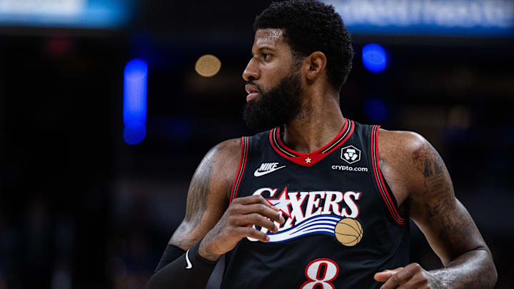 Apr 10, 2026; Indianapolis, Indiana, USA; Philadelphia 76ers forward Paul George (8) in the second half against the Indiana Pacers at Gainbridge Fieldhouse. Mandatory Credit: Trevor Ruszkowski-Imagn Images