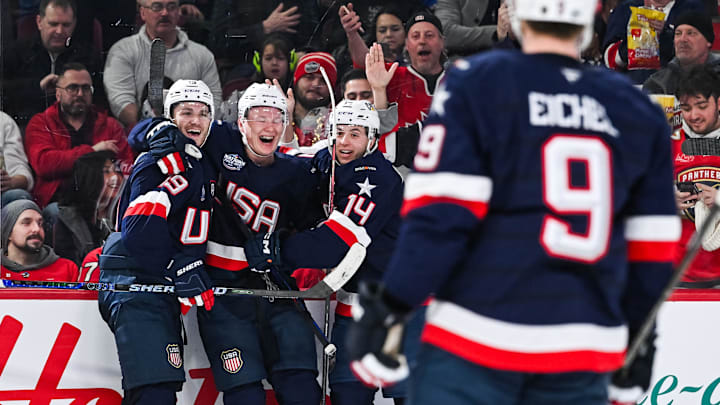 Feb 13, 2025; Montreal, Quebec, CAN; [Imagn Images direct customers only] Team USA forward Brady Tkachuk (7) celebrates with his teammates his goal against Team Finland in the third period during a 4 Nations Face-Off ice hockey game at Bell Centre. Mandatory Credit: David Kirouac-Imagn Images