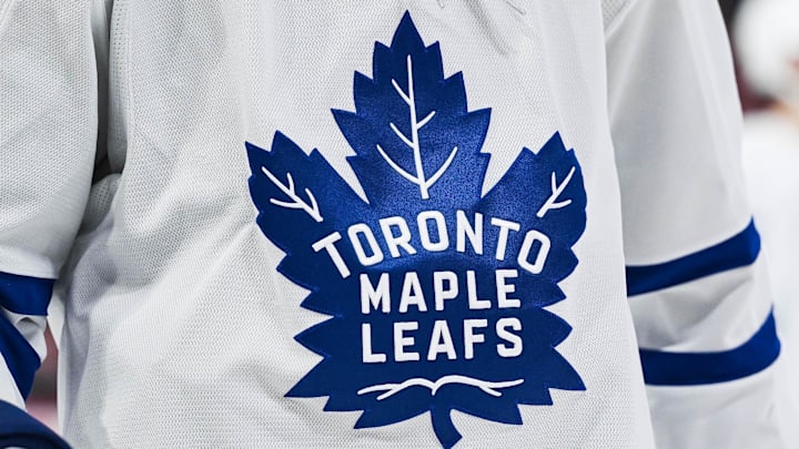 Jan 18, 2025; Montreal, Quebec, CAN; View of a Toronto Maple Leafs logo on a jersey worn by a member of the team during the second period at Bell Centre. Mandatory Credit: David Kirouac-Imagn Images