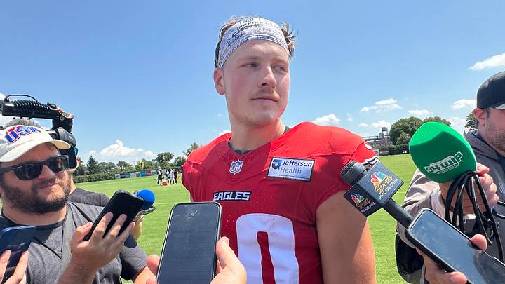 Eagles QB Cole Payton speaks with reporters on Aug. 8, 2026. Eagles QB Cole Payton speaks with reporters on Aug. 8, 2026.