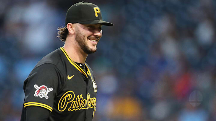 Aug 18, 2025; Pittsburgh, Pennsylvania, USA;  Pittsburgh Pirates starting pitcher Paul Skenes (30) reacts after pitching he fifth inning against the Toronto Blue Jays at PNC Park. Mandatory Credit: Charles LeClaire-Imagn Images
