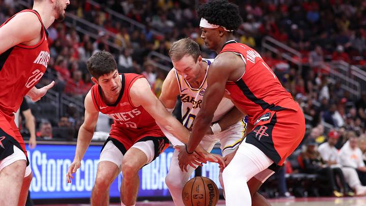 Apr 26, 2026; Houston, Texas, USA; Houston Rockets guard Reed Sheppard (15) and Los Angeles Lakers guard Luke Kennard (10) battle for a loose ball during the third quarter during game four of the first round of the 2026 NBA Playoffs at Toyota Center. Mandatory Credit: Troy Taormina-Imagn Images Apr 26, 2026; Houston, Texas, USA; Houston Rockets guard Reed Sheppard (15) and Los Angeles Lakers guard Luke Kennard (10) battle for a loose ball during the third quarter during game four of the first round of the 2026 NBA Playoffs at Toyota Center. Mandatory Credit: Troy Taormina-Imagn Images