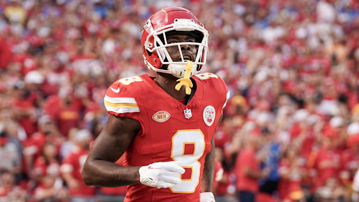 Sep 7, 2023; Kansas City, Missouri, USA; Kansas City Chiefs wide receiver Justyn Ross (8) runs onto the field against the Detroit Lions prior to a game at GEHA Field at Arrowhead Stadium. Mandatory Credit: Denny Medley-Imagn Images