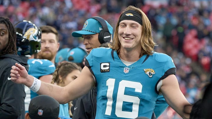 Jacksonville Jaguars quarterback Trevor Lawrence is all smiles during a victory over the Patriots in London on Sunday. Jacksonville Jaguars quarterback Trevor Lawrence is all smiles during a victory over the Patriots in London on Sunday.