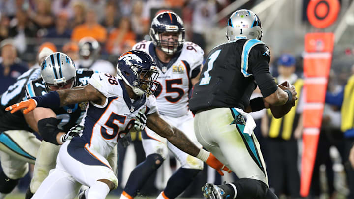Feb 7, 2016; Santa Clara, CA, USA; Denver Broncos linebacker Von Miller (58) sacks Carolina Panthers quarterback Cam Newton (1) in Super Bowl 50 at Levi's Stadium. Mandatory Credit: Matthew Emmons-Imagn Images