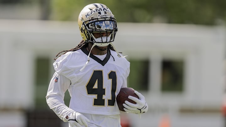 Jul 27, 2022; Metairie, LA, USA; New Orleans Saints running back Alvin Kamara (41) during training