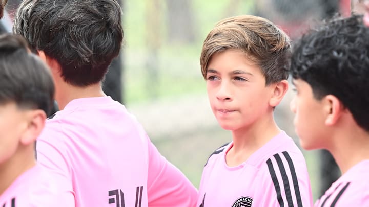 Thiago Messi, second from right, and his Inter Miami Academy teammates prepare to play Newell's Old Boys in November.