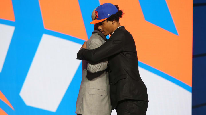 Jul 29, 2021; Brooklyn, New York, USA; Keon Johnson (Tennessee) hugs NBA commissioner Adam Silver after being selected as the number twenty-one overall pick by the New York Knicks in the first round of the 2021 NBA Draft at Barclays Center. Mandatory Credit: Brad Penner-USA TODAY Sports Jul 29, 2021; Brooklyn, New York, USA; Keon Johnson (Tennessee) hugs NBA commissioner Adam Silver after being selected as the number twenty-one overall pick by the New York Knicks in the first round of the 2021 NBA Draft at Barclays Center. Mandatory Credit: Brad Penner-USA TODAY Sports
