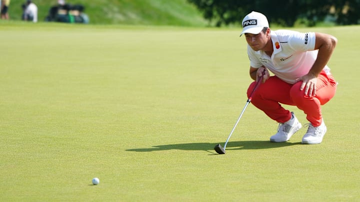 Jun 21, 2024; Cromwell, Connecticut, USA; Viktor Hovland studies the green prior to putting on the first hole during the second round of the Travelers Championship golf tournament at TCP River Highlands. Mandatory Credit: Gregory Fisher-USA TODAY Sports