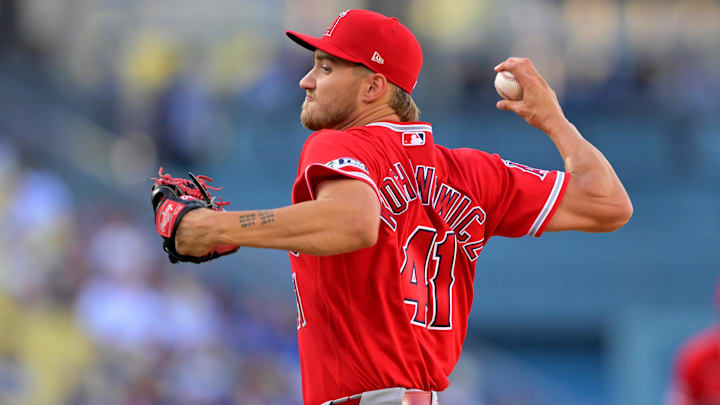 Mar 24, 2026; Los Angeles, California, USA; Los Angeles Angels pitcher Jack Kochanowicz (41) delivers to the plate during the second against the Los Angeles Dodgers at Dodger Stadium. Mandatory Credit: Jayne Kamin-Oncea-Imagn Images