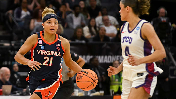 Mar 28, 2026; Sacramento, CA, USA; Virginia Cavaliers guard Kymora Johnson (21) pushes the ball up the court during the second quarter of the game against the Texas Christian University Horned Frogs in the Sweet Sixteen game of the Sacramento Regional 4 of the women's 2026 NCAA Tournament at Golden 1 Center. Mandatory Credit: Ed Szczepanski-Imagn Images