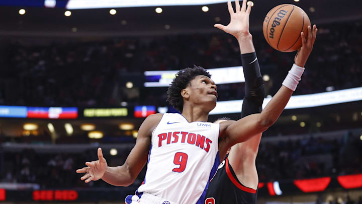 Feb 27, 2024; Chicago, Illinois, USA; Detroit Pistons forward Ausar Thompson (9) goes to the basket against the Chicago Bulls during the first half at United Center. Mandatory Credit: Kamil Krzaczynski-Imagn Images