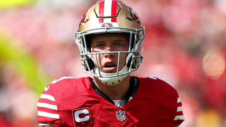 Nov 10, 2024; Tampa, Florida, USA; San Francisco 49ers running back Christian McCaffrey (23) warms up before a game against the Tampa Bay Buccaneers at Raymond James Stadium. Mandatory Credit: Nathan Ray Seebeck-Imagn Images