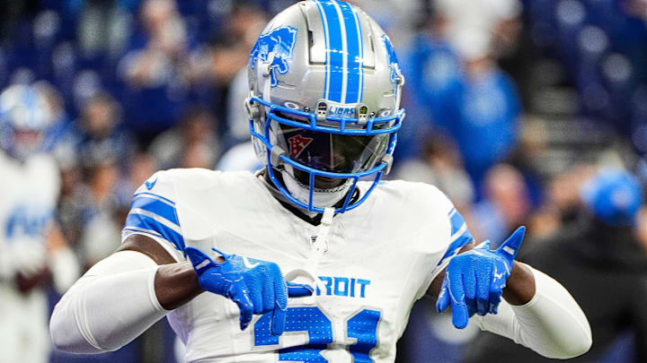 Detroit Lions safety Kerby Joseph (31) warms up before the game between Indianapolis Colts and Detroit Lions at Lucas Oil Stadium on Sunday, Nov. 24, 2024. Detroit Lions safety Kerby Joseph (31) warms up before the game between Indianapolis Colts and Detroit Lions at Lucas Oil Stadium on Sunday, Nov. 24, 2024.