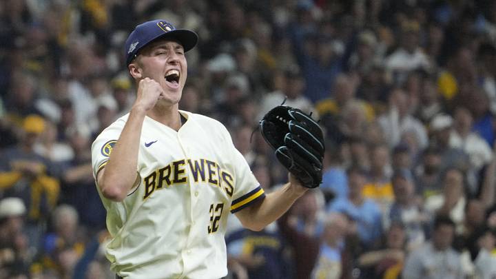 Oct 3, 2026; Milwaukee, Wisconsin, USA; Milwaukee Brewers pitcher Jacob Misiorowski (32) reacts after pitching in the fourth inning against the San Diego Padres in game one of the NLDS for the 2026 MLB Playoffs at American Family Field. Mandatory Credit: Michael McLoone-Imagn Images Oct 3, 2026; Milwaukee, Wisconsin, USA; Milwaukee Brewers pitcher Jacob Misiorowski (32) reacts after pitching in the fourth inning against the San Diego Padres in game one of the NLDS for the 2026 MLB Playoffs at American Family Field. Mandatory Credit: Michael McLoone-Imagn Images