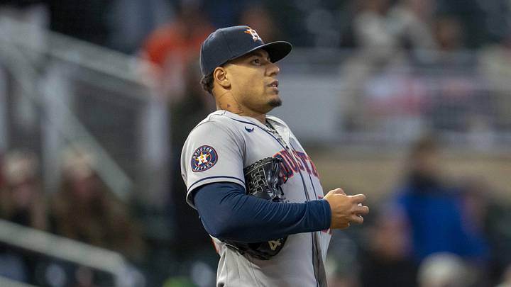 May 19, 2026; Minneapolis, Minnesota, USA; Houston Astros pitcher Bryan Abreu (52) looks on after a wild pitch in the ninth inning against the Minnesota Twins at Target Field. Mandatory Credit: Jesse Johnson-Imagn Images