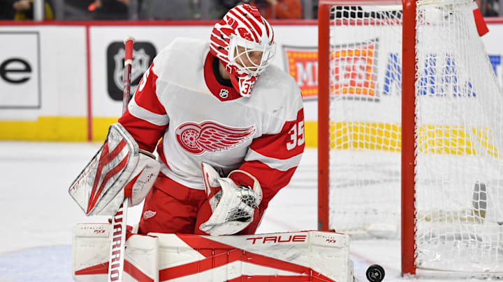 Dec 16, 2023; Philadelphia, Pennsylvania, USA; Detroit Red Wings goaltender Ville Husso (35) against