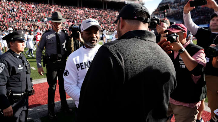 Ohio State Buckeyes head coach Ryan Day shakes hands with Penn State Nittany Lions interim head coach Terry Smith following their game at Ohio Stadium. 