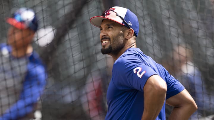 Jun 15, 2024; Seattle, Washington, USA; Texas Rangers second baseman Marcus Semien (2) is pictured during batting practice before a game against the Seattle Mariners at T-Mobile Park. 