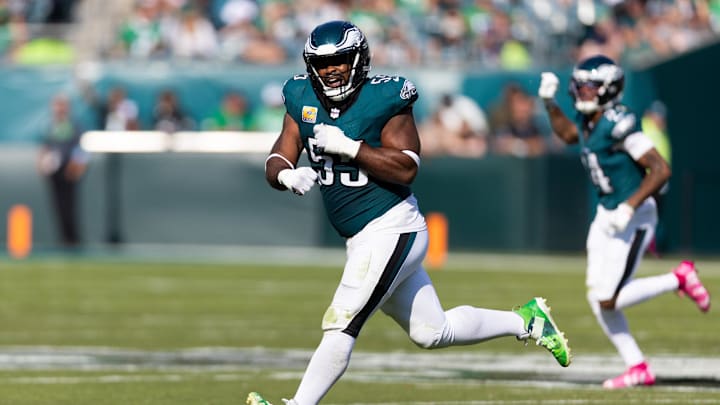 Oct 13, 2024; Philadelphia, Pennsylvania, USA; Philadelphia Eagles defensive end Brandon Graham (55) reacts after a Cleveland Browns blocked field attempt during the third quarter at Lincoln Financial Field. Mandatory Credit: Bill Streicher-Imagn Images