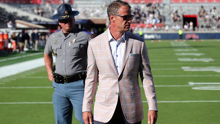 Mississippi Rebels head coach Lane Kiffin reacts after an altercation between players prior to the game against the Georgia State Panthers at Vaught-Hemingway Stadium.