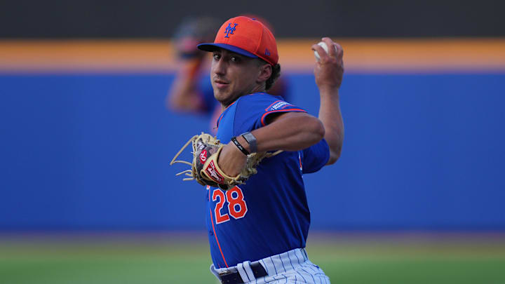 Mar 15, 2024; Port St. Lucie, Florida, USA; New York Mets pitcher Brandon Sproat (28) warms-up in the sixth inning against the Washington Nationals in the Spring Breakout game at Clover Park. Mandatory Credit: Jim Rassol-Imagn Images
