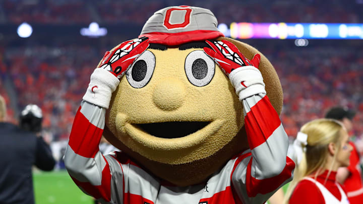 Dec 28, 2019; Glendale, Arizona, USA; Ohio State Buckeyes mascot Brutus reacts on the sidelines during the game against the Clemson Tigers in the 2019 Fiesta Bowl college football playoff semifinal game. Mandatory Credit: Matthew Emmons-Imagn Images Dec 28, 2019; Glendale, Arizona, USA; Ohio State Buckeyes mascot Brutus reacts on the sidelines during the game against the Clemson Tigers in the 2019 Fiesta Bowl college football playoff semifinal game. Mandatory Credit: Matthew Emmons-Imagn Images