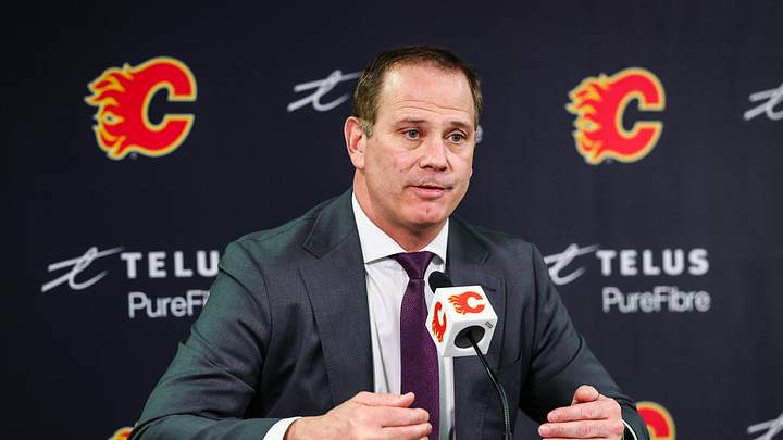 Jan 30, 2025; Calgary, Alberta, CAN; Calgary Flames general manager Craig Conroy during interview after the game against the Anaheim Ducks at Scotiabank Saddledome. Mandatory Credit: Sergei Belski-Imagn Images