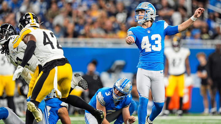 Detroit Lions kicker Jake Bates (43) attempts a field goal against Pittsburgh Steelers during the second half of a preseason game at Ford Field in Detroit on Saturday, August 24, 2024.