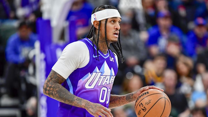 Nov 23, 2024; Salt Lake City, Utah, USA; Utah Jazz guard Jordan Clarkson (00) dribbles the ball downcourt against the New York Knicks during the second half at the Delta Center. Mandatory Credit: Christopher Creveling-Imagn Images