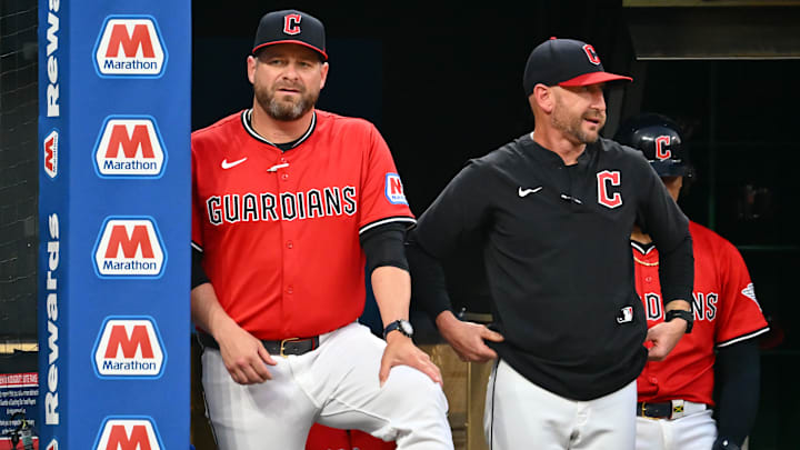 Manager Stephen Vogt and associate manager Craig Albernaz watch as the Cleveland Guardians' losing streak reaches 10 games.