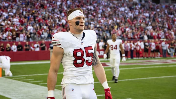 Dec 15, 2024; Glendale, Arizona, USA; Arizona Cardinals tight end Trey McBride (85) against the New England Patriots at State Farm Stadium. Mandatory Credit: Mark J. Rebilas-Imagn Images