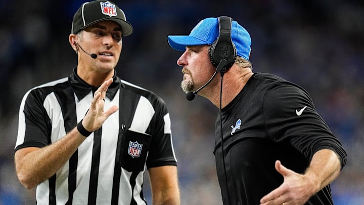 Detroit Lions head coach Dan Campbell talks to a referee regarding a call during the second half against Green Bay Packers Detroit Lions head coach Dan Campbell talks to a referee regarding a call during the second half against Green Bay Packers