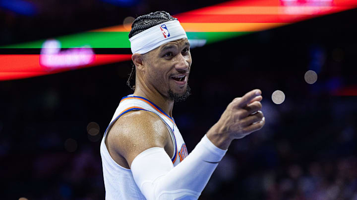 Nov 12, 2024; Philadelphia, Pennsylvania, USA; New York Knicks guard Josh Hart (3) reacts after a play against the Philadelphia 76ers during the fourth quarter at Wells Fargo Center. Mandatory Credit: Bill Streicher-Imagn Images