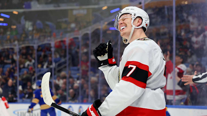 Mar 25, 2025; Buffalo, New York, USA;  Ottawa Senators left wing Brady Tkachuk (7) reacts after scoring a power play goal during the first period against the Buffalo Sabres at KeyBank Center. Mandatory Credit: Timothy T. Ludwig-Imagn Images