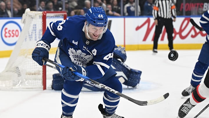Feb 28, 2026; Toronto, Ontario, CAN;  Toronto Maple Leafs defenseman Morgan Rielly (44) pursues the puck against the Ottawa Senators in the second period at Scotiabank Arena. Mandatory Credit: Dan Hamilton-Imagn Images