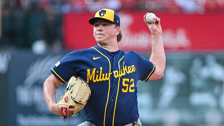 Jul 8, 2026; St. Louis, Missouri, USA; Milwaukee Brewers starting pitcher Kyle Harrison (52) throws against the St. Louis Cardinals during the first inning at Busch Stadium. Mandatory Credit: Jeff Curry-Imagn Images