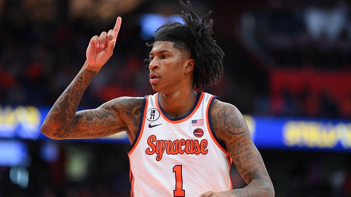 Dec 31, 2025; Syracuse, New York, USA; Syracuse Orange forward Donnie Freeman (1) reacts to a play against the Clemson Tigers during the second half at the JMA Wireless Dome. Dec 31, 2025; Syracuse, New York, USA; Syracuse Orange forward Donnie Freeman (1) reacts to a play against the Clemson Tigers during the second half at the JMA Wireless Dome.