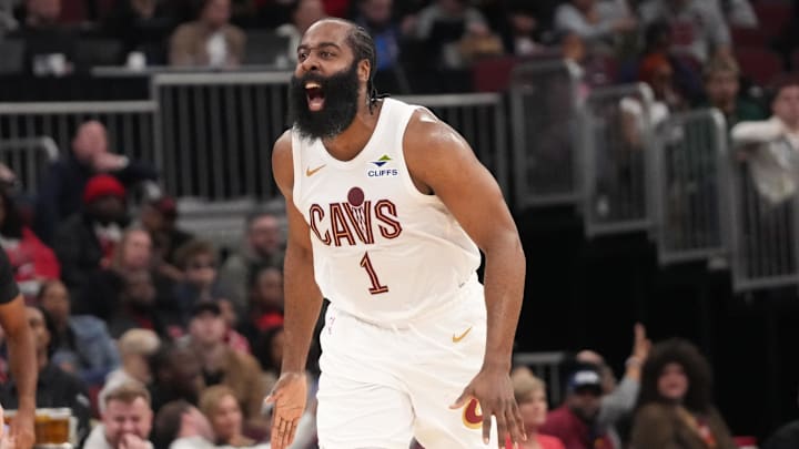 Mar 19, 2026; Chicago, Illinois, USA; Cleveland Cavaliers guard James Harden (1) reacts after making a three point basket against the Chicago Bulls during the second half at United Center. Mandatory Credit: David Banks-Imagn Images